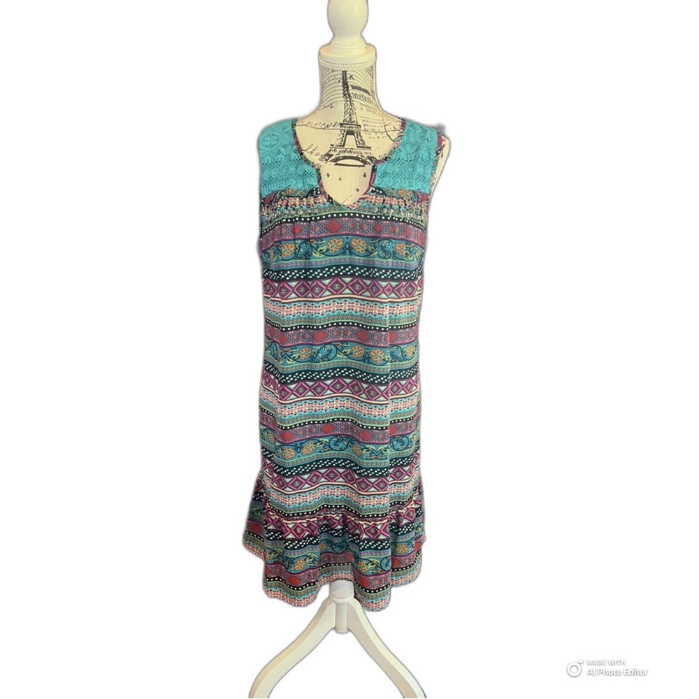 Vibrant Teal and Pink Patterned Mini Dress